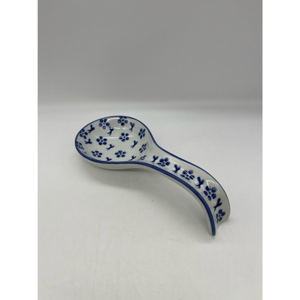Floral Design Polish Pottery Blue & White Spoon Rest 9"